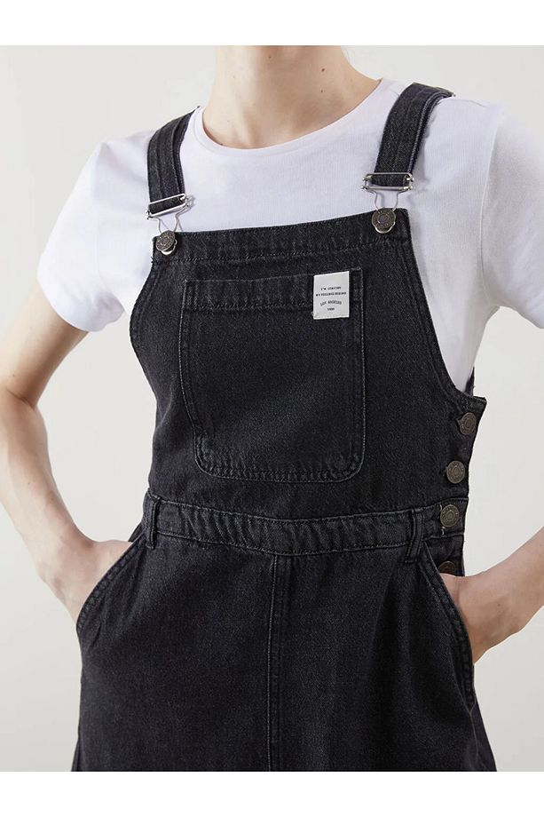 LCW Modest Siyah Kare Yaka Baskılı Askılı Kadın Jean Salopet Elbise - 3