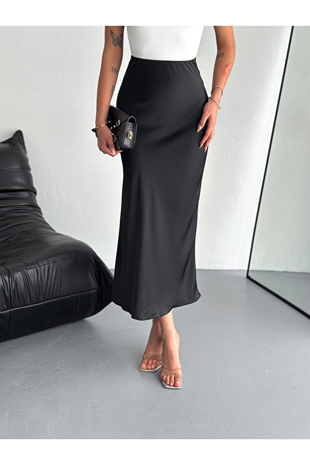 Kadın Basic Uzun Saten Etek - 1