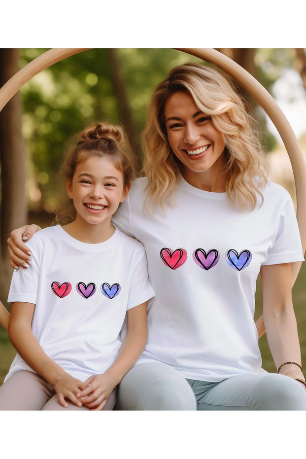 Mother-Daughter Heart Printed T-Shirt, Crew Neck T-Shirt/T-Shirt (Price Is for One Piece.)