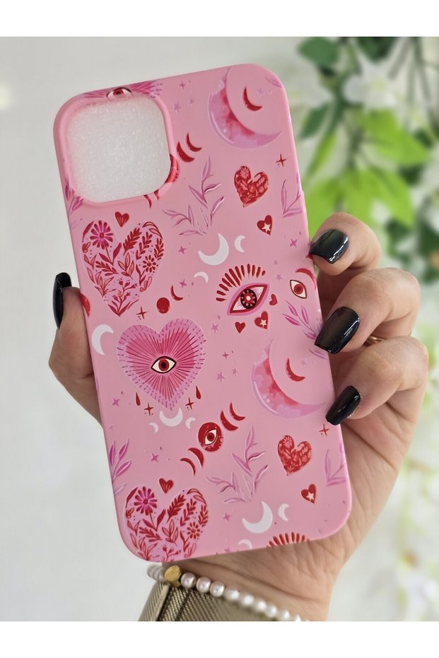 iPhone 15 Compatible Pink Mystic Heart & Moon Patterned Velvet Hard Silicone Phone Case