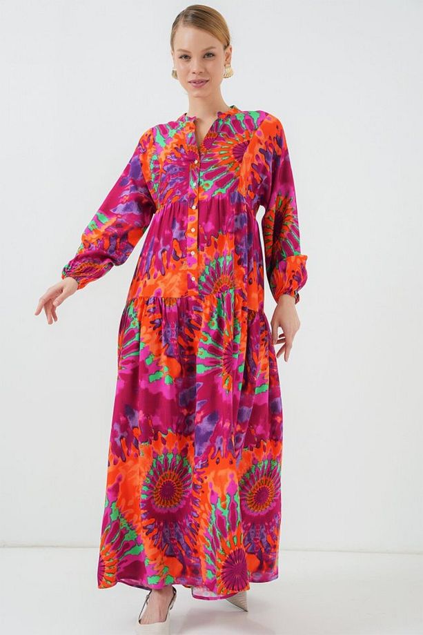 AhEs Shopping 2423 Otantik Desenli Tesettür Elbise - H. Fuşya - 1