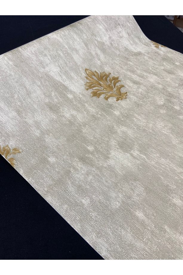 Tutkal Hediye Gri Gold Damask Kabartmalı Kumaş Dokulu Ithal Duvar Kağıdı - 1