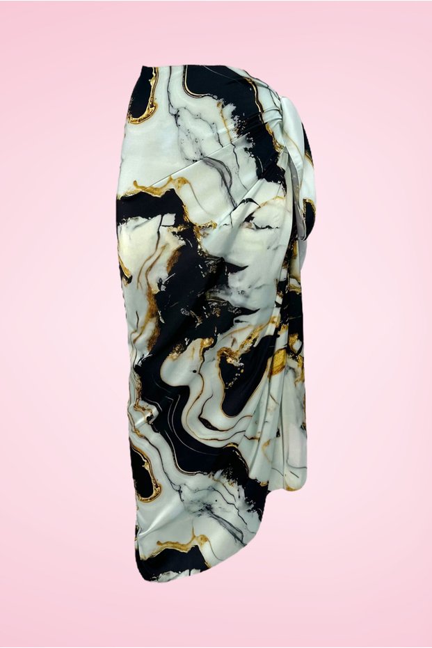 Black and White Marbling Patterned Long Pareo Satin Women's Beach Dress New Season