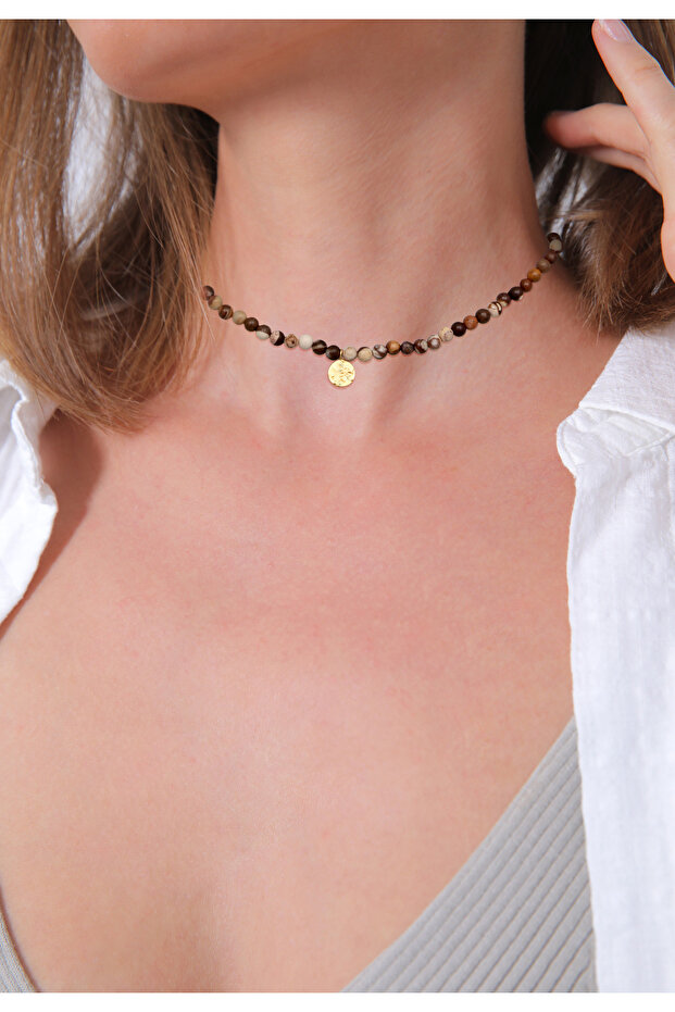 Dámský náhrdelník s perlovými destičkami v boho stylu s jaspisem ze sterlingového stříbra 925, pozlacený - 5