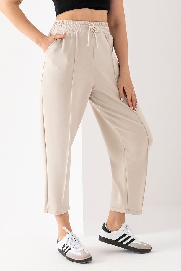 Kadın Bej Modal Balon Model Likralı Bej Pantolon Yumuşak Doku Beli Lastikli Çımalı Bilek Pantolon - 4