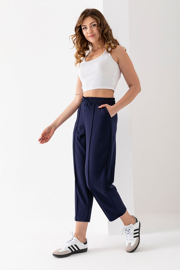 Kadın Lacivert Modal Balon Model Likralı Pantolon Yumuşak Doku Beli Lastikli Çımalı Bilek Pantolon - 2