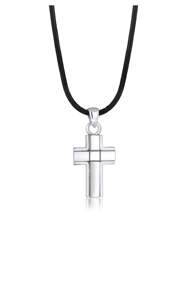 Necklace Kreuz Symbol Anhänger Echtleder Oxid 925er Silber - 1