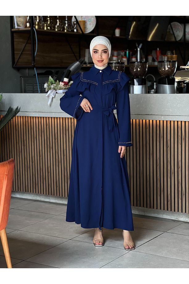 4505 - Krep Kumaş Tesettür Elbise Lacivert - 1