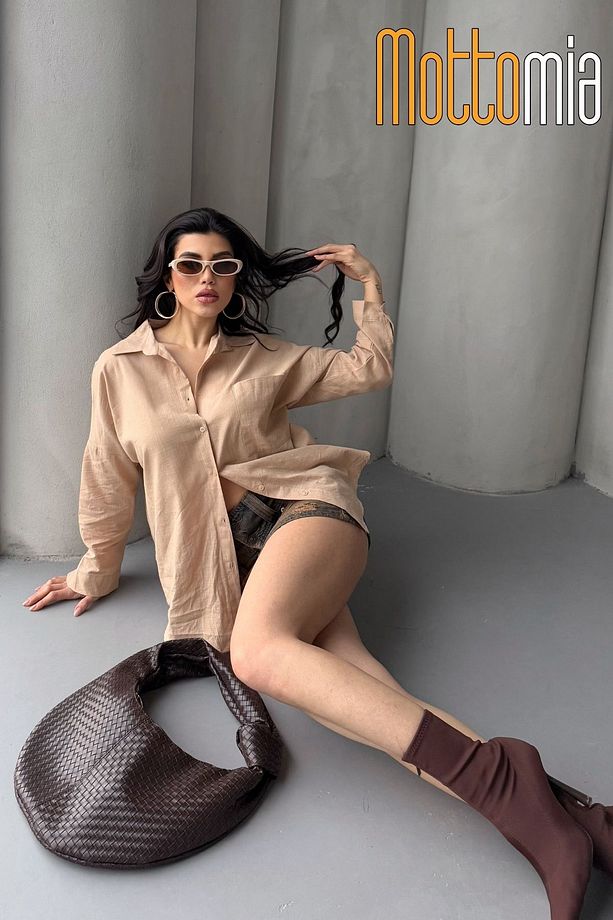 Kadın Oversize Flamlı Keten Gömlek – Yazlık, Tek Cepli, Rahat ve Şık Tasarım - 5