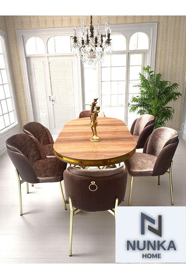 6 Kişilik Arya Gold Line BabyFace Kumaş Mdf Lak Panel Ceviz Masa Takımı Modern Ve Şık - 2