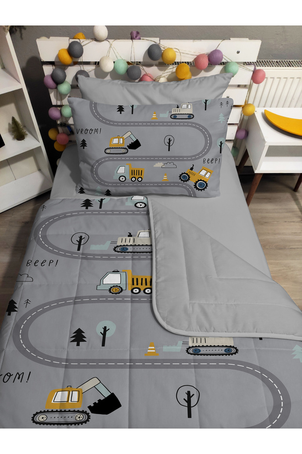 Quilted Gray Scoop 4-Piece (100% Cotton 100X200 with Elastic Sheets) Single Bedspread Set
