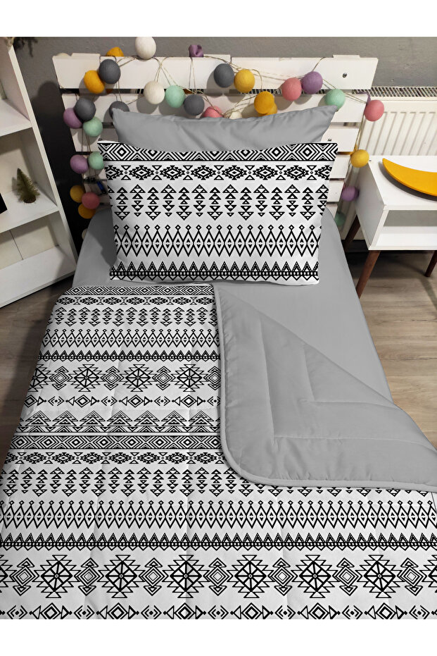 Quilted Black Ethnic 4-Piece (100% Cotton 100X200 with Elastic Sheets) Single Bedspread Set