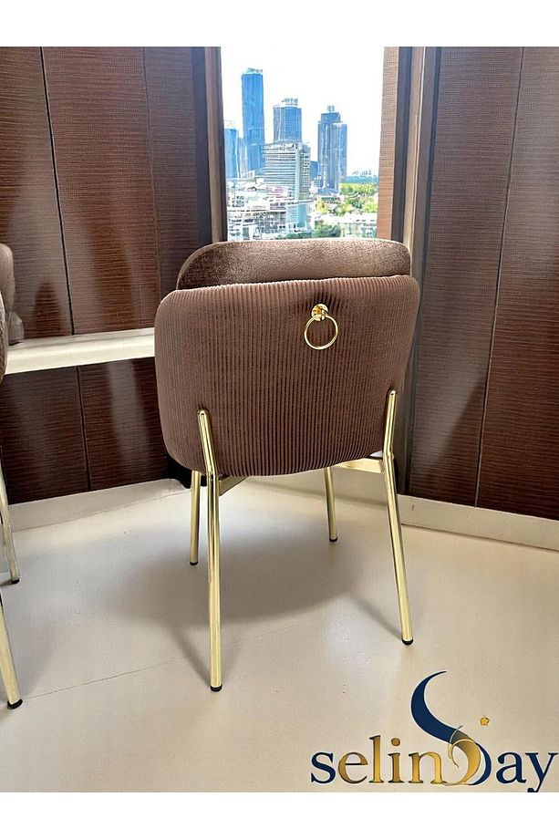6 Kişilik Elysia Gold Line Ceviz Masa Takımı BabyFace Kumaş MDF Lak Panel Masa - 4