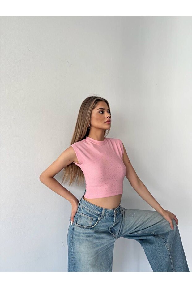 Kadın Taşlı Crop - 4