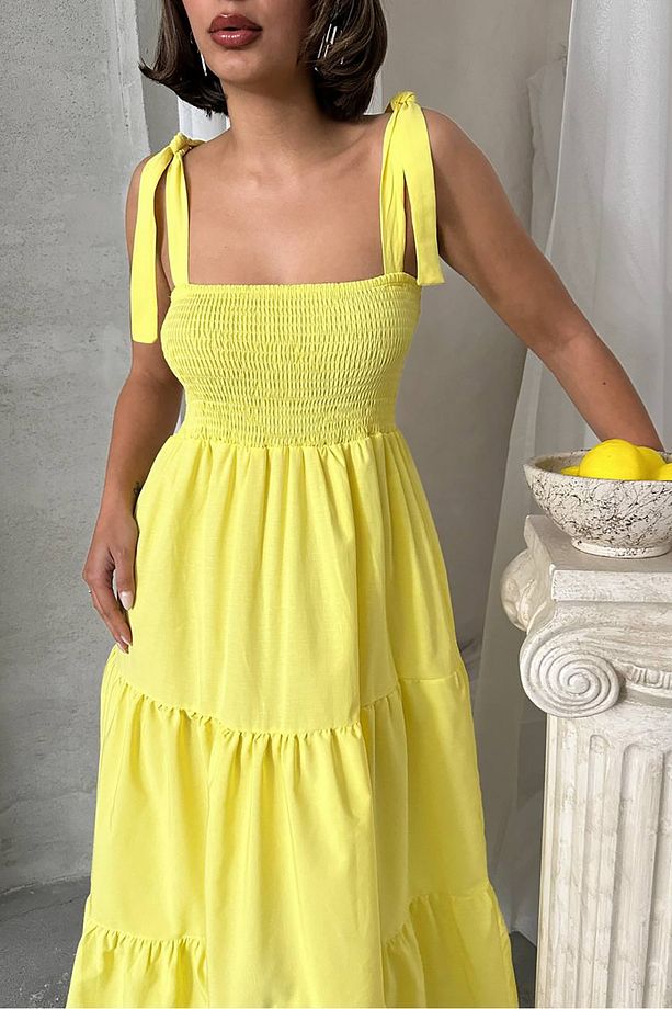 kadın sarı askılı poplin kumaş yazlık elbise NBG091 - 6