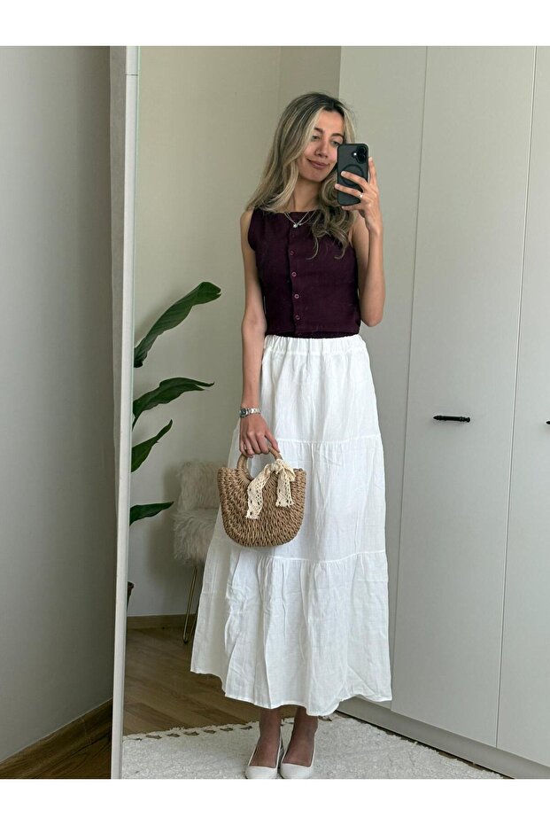 Beyaz Basic Pileli Kadın Uzun Etek - 2