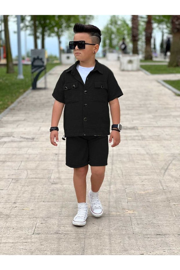 Boys' Summer Linen Fabric Shirt Shorts Bottom Top Holiday Set of 2