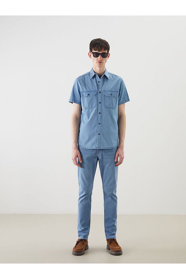 Regular Fit Kısa Kollu Erkek Jean Gömlek - 2