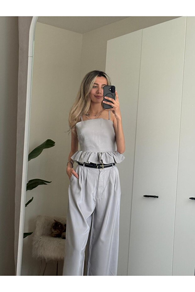 Gray Design Blouse Pants Set - 4