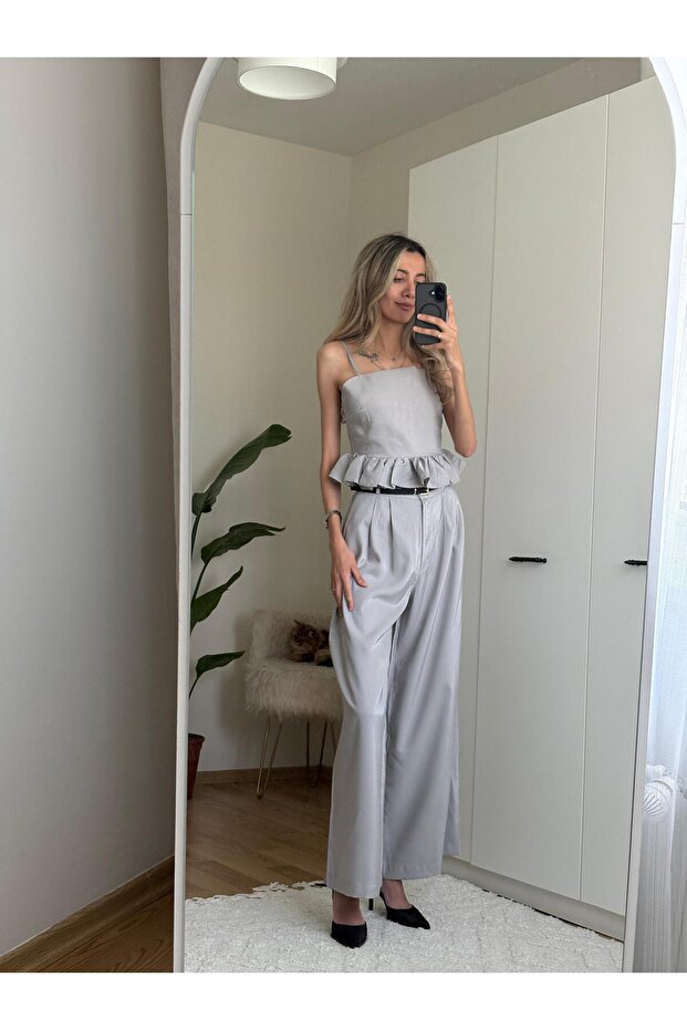 Gray Design Blouse Pants Set - 2