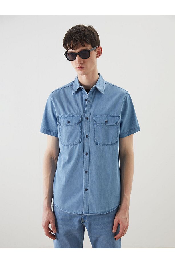 Regular Fit Kısa Kollu Erkek Jean Gömlek - 1