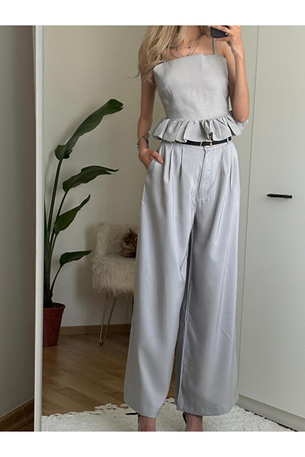 Gray Design Blouse Pants Set - 5