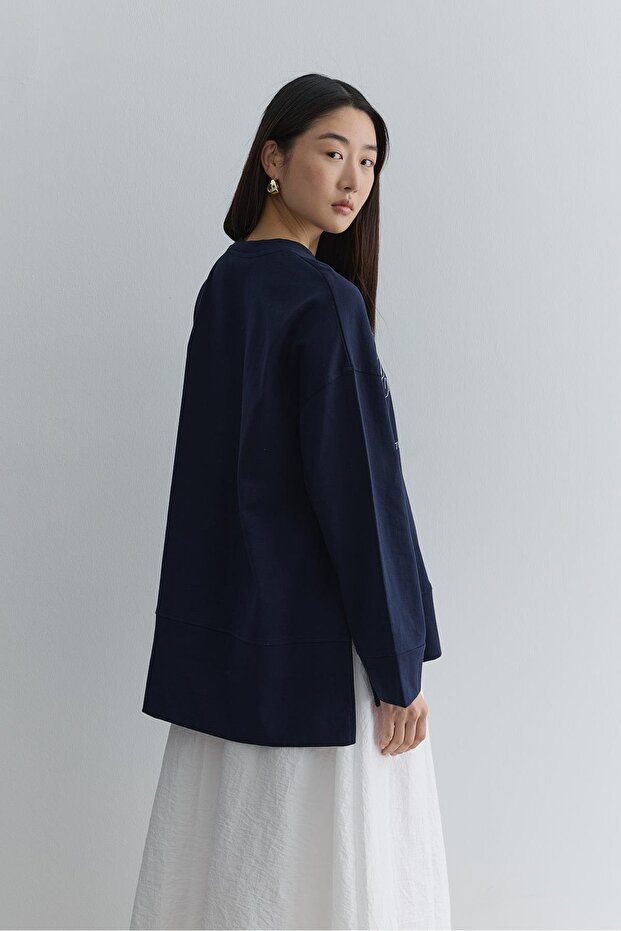 Baskılı Kalın Katlamalı Sweatshirt Lacivert - 8