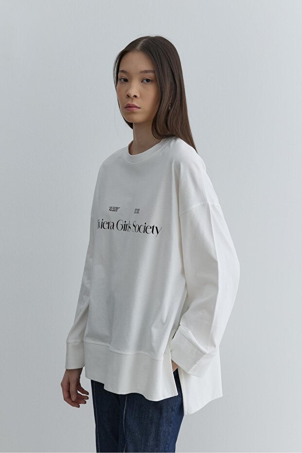 Baskılı Kalın Katlamalı Sweatshirt Ekru - 3