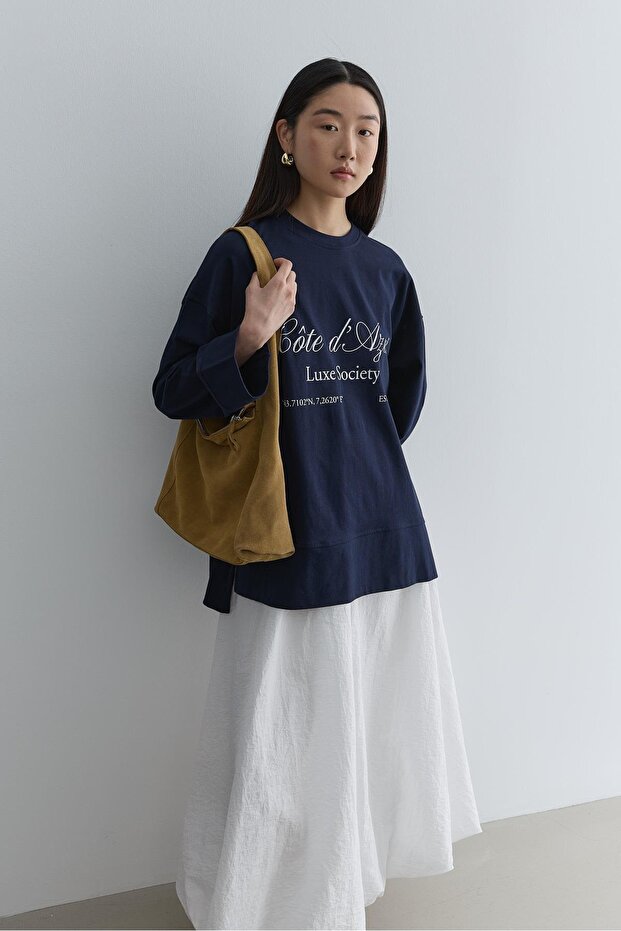 Baskılı Kalın Katlamalı Sweatshirt Lacivert - 3