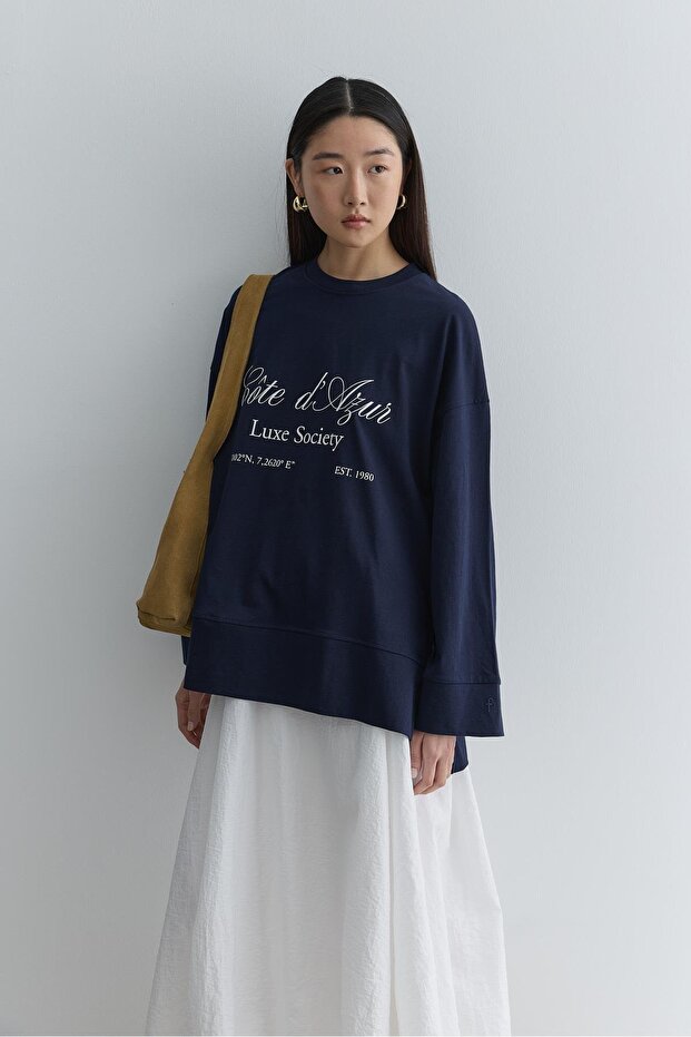 Baskılı Kalın Katlamalı Sweatshirt Lacivert - 1