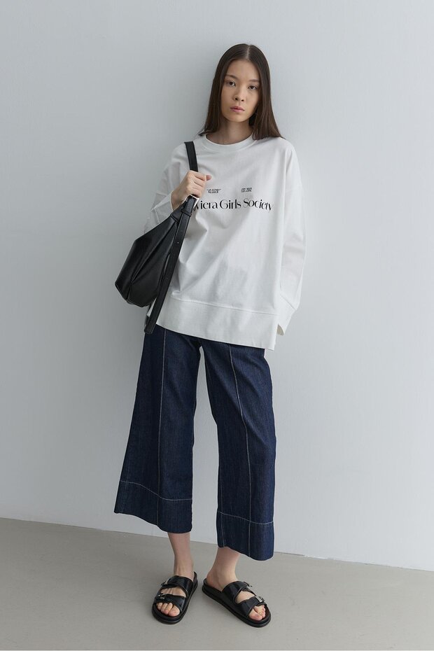 Baskılı Kalın Katlamalı Sweatshirt Ekru - 5