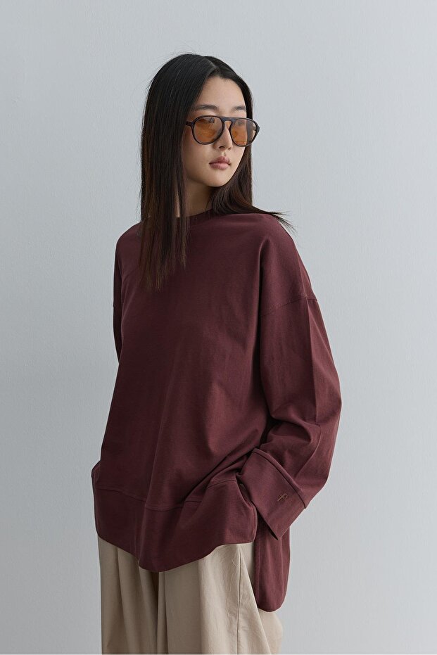 Kalın Katlamalı Sweatshirt Bordo - 2