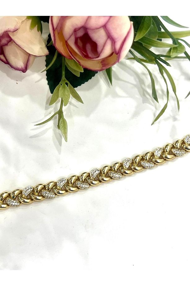 VIP Zirkon Taşlı Desenli Örme Bileklik (14K Gold/16-18cm) - 3