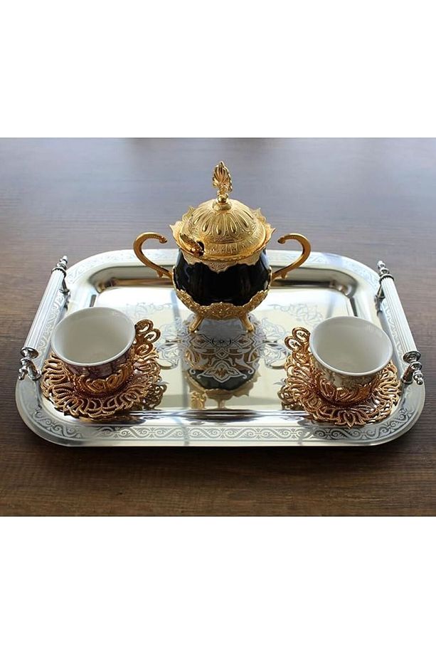 Devmeer Paslanmaz Çelik Lüks Model 2'li Silver Desen Çay Kahve Tepsi Seti - 8