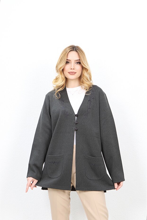 Anthracite 3-Button Embroidered Steel Knitted Mother Cardigan