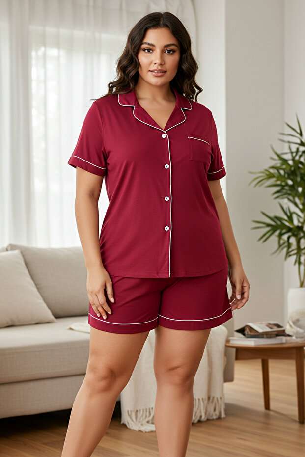 Bordo Gömlek Yaka Biyeli Viskon Şortlu Örme Pijama Takımı TBBSS25AI00095 - 5