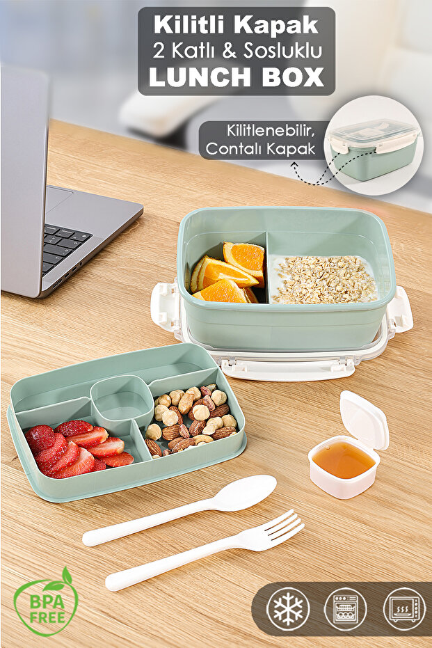 2 Layer Locked Lid Food Container - Compartmented Lunch Box Diet Nutrition Box Sauce Bowl Fork Spoon Green