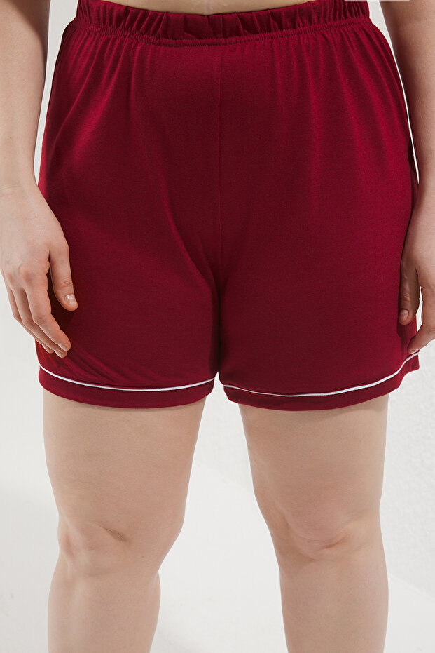 Bordo Gömlek Yaka Biyeli Viskon Şortlu Örme Pijama Takımı TBBSS25AI00095 - 3