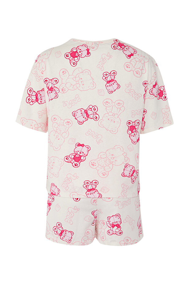Pembe %100 Pamuklu Ayıcıklı Şortlu Örme Pijama Takımı THMSS25PT00367 - 7
