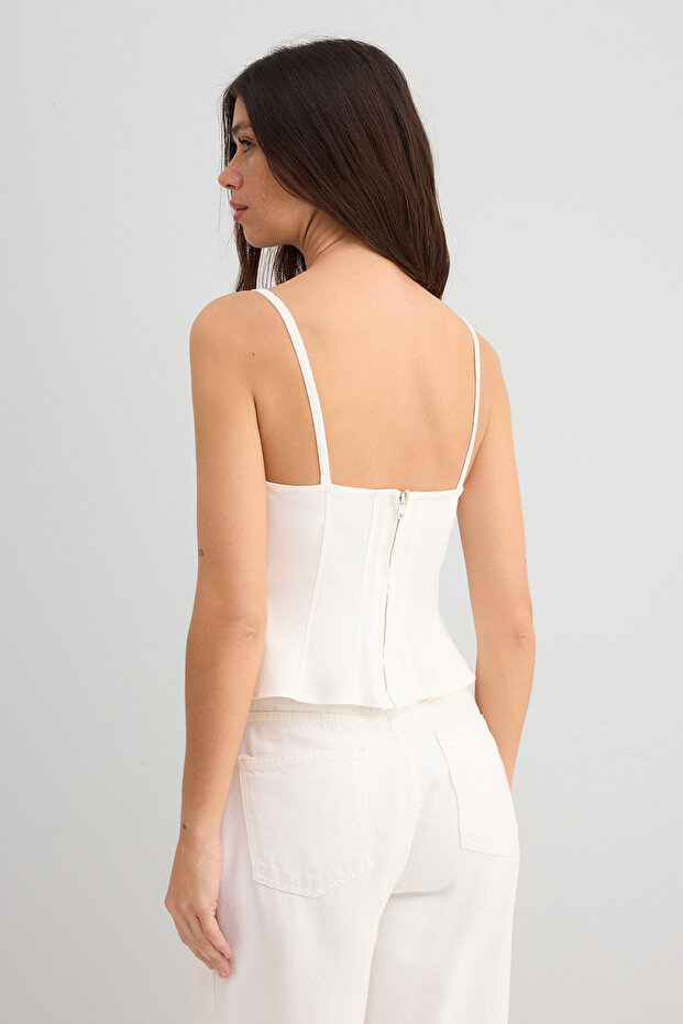 Ekru Pamuklu Gabardin Askılı Peplum Dokuma Bluz TWOSS25BZ00537 - 6