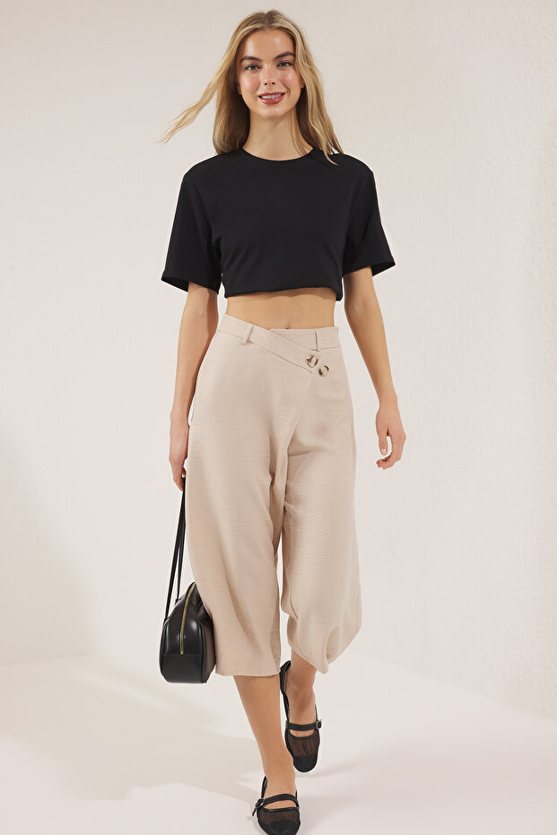 Bej Keten Görünümlü Culotte Pantolon TWOSS25PL00079 - 2