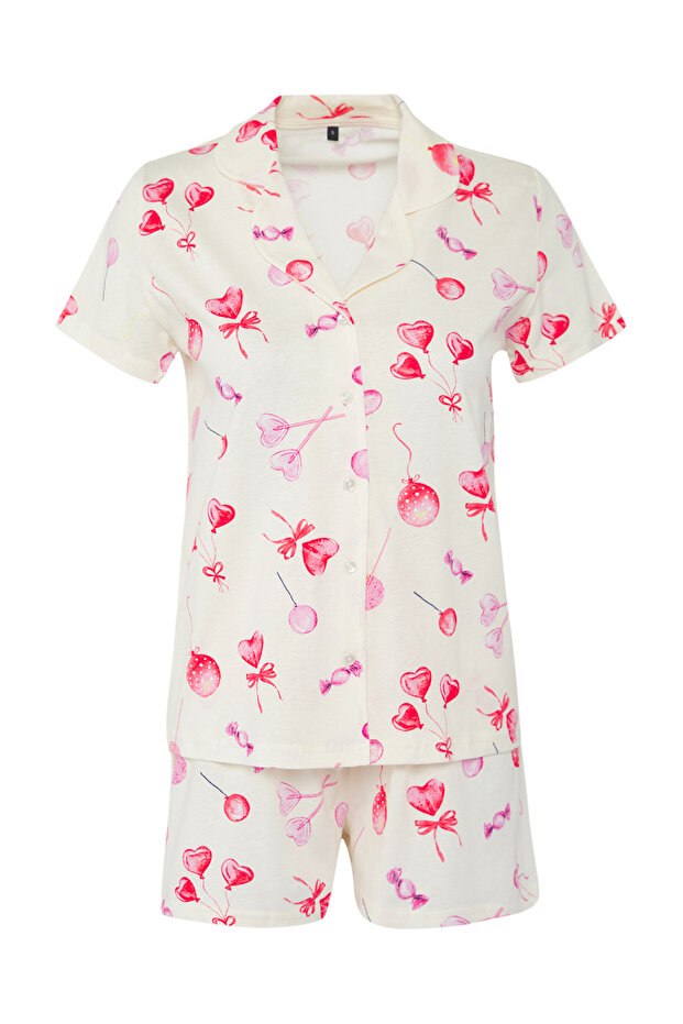 Ekru %100 Pamuklu Kalpli Şortlu Örme Pijama Takımı THMSS25PT00364 - 5
