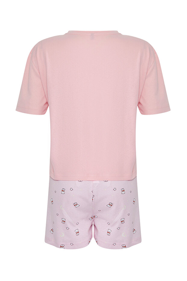 Pembe %100 Pamuklu Ayıcık ve Yıldız Desenli Şortlu Örme Pijama Takımı THMSS25PT00081 - 7