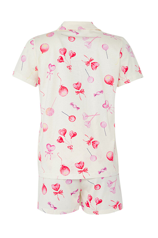 Ekru %100 Pamuklu Kalpli Şortlu Örme Pijama Takımı THMSS25PT00364 - 6