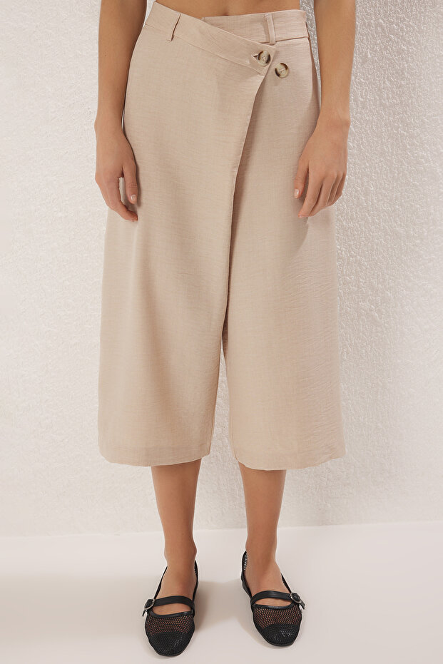 Bej Keten Görünümlü Culotte Pantolon TWOSS25PL00079 - 3