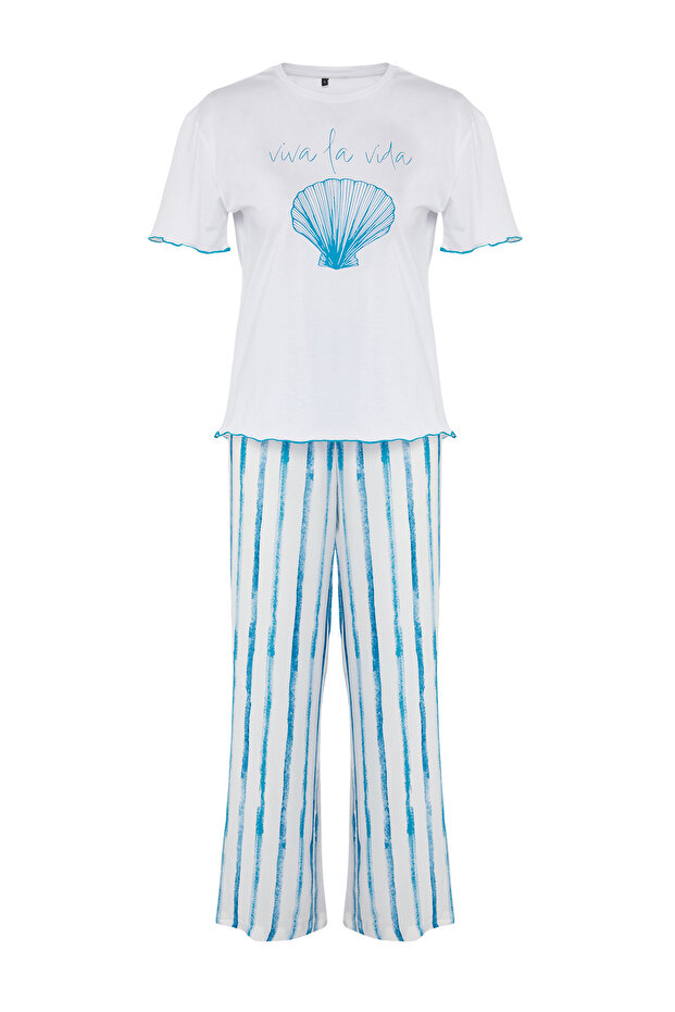 Beyaz-Mavi Çizgili Baskılı Baby Overlok Detaylı Viskon Örme Pijama Takımı THMSS25PT00141 - 6