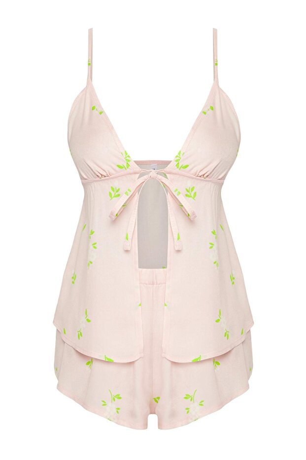 Pudra-Çok Renkli Çiçekli Bağlama Detaylı Viskon Şortlu Dokuma Pijama Takımı THMSS25PT00105 - 6