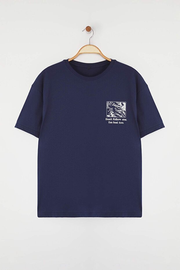 Lacivert Sırt Baskılı Büyük Beden T-shirt TBBSS25BF00081 - 6