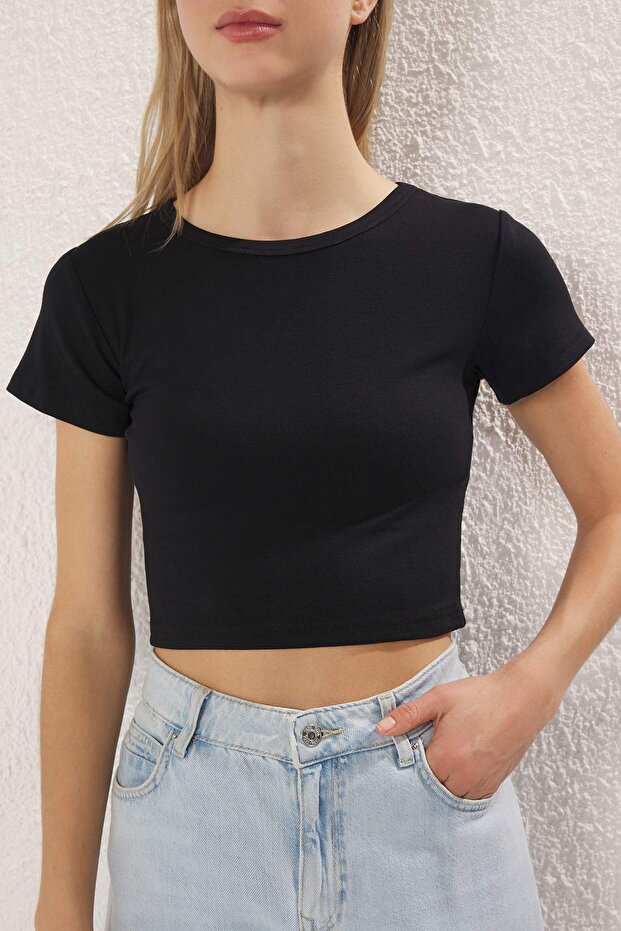 Açık Sarı-Siyah 2'li Paket Crop Yumuşak Kumaş Esnek Örme Bluz TWOSS23BZ00108 - 3