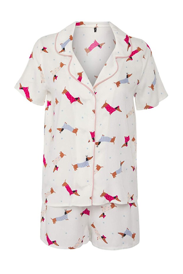 Beyaz-Çok Renkli Köpekli Biyeli Çanta Hediyeli Viskon Şortlu Dokuma Pijama Takımı THMSS25PT00308 - 8